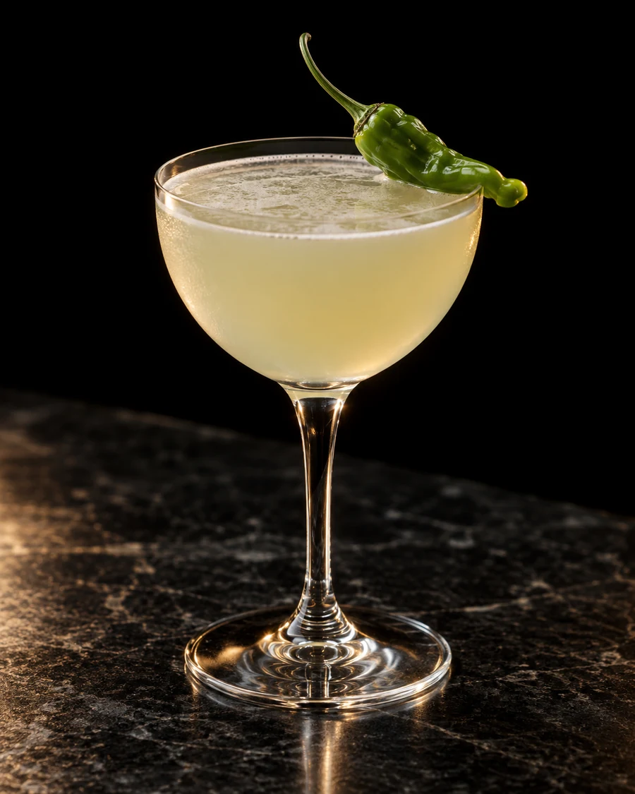 Shishi Sour. Nick & Nora glass, no serving ice, pale cloudy citrus body, uncharred shishito pepper garnish.