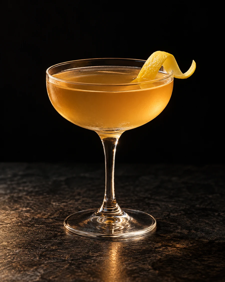 Siege Of Havana: Golden shaken drink in coupe, lemon twist, no ice.