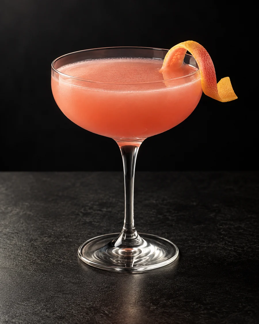 Cloudy coral-pink Siesta in a coupe without ice with a grapefruit twist.