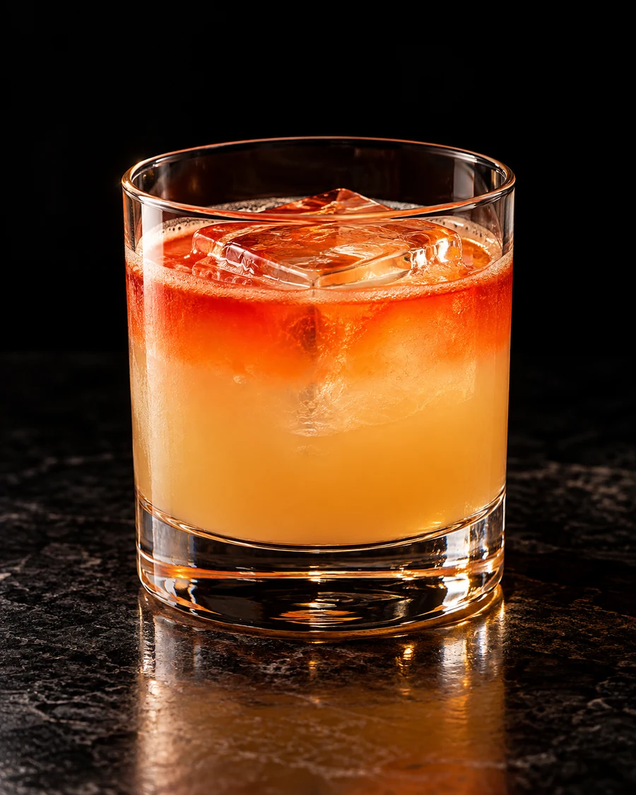 Signal Flare. Rocks glass with a pale ginger-lime body, red-orange Aperol surface float, one large ice cube and no garnish.
