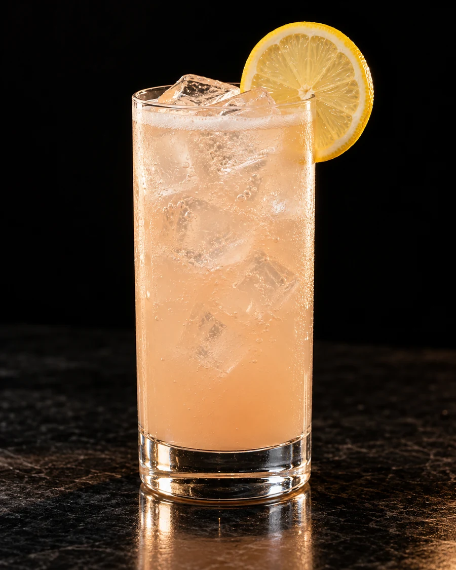 Silver Lining Highball. Highball glass with a pale pink grapefruit-orgeat gin drink, fresh cubed ice, soda bubbles and a lemon wheel.