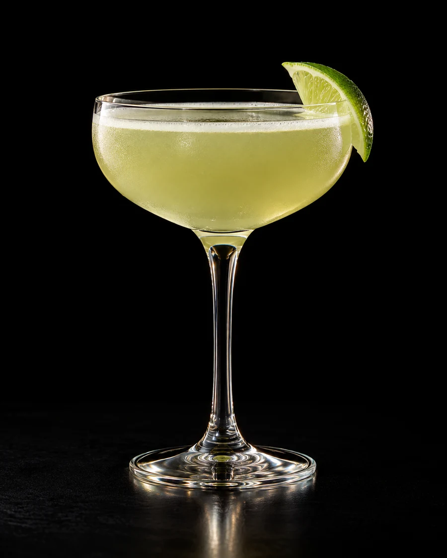 Silver Monk in a coupe, serve without ice, with lime wedge, against a black background.