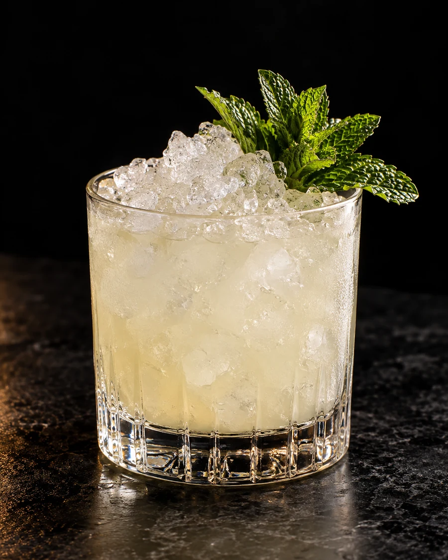 Silver Surfer: Pale cloudy cocktail in a rocks glass filled with crushed ice and garnished with mint sprigs.