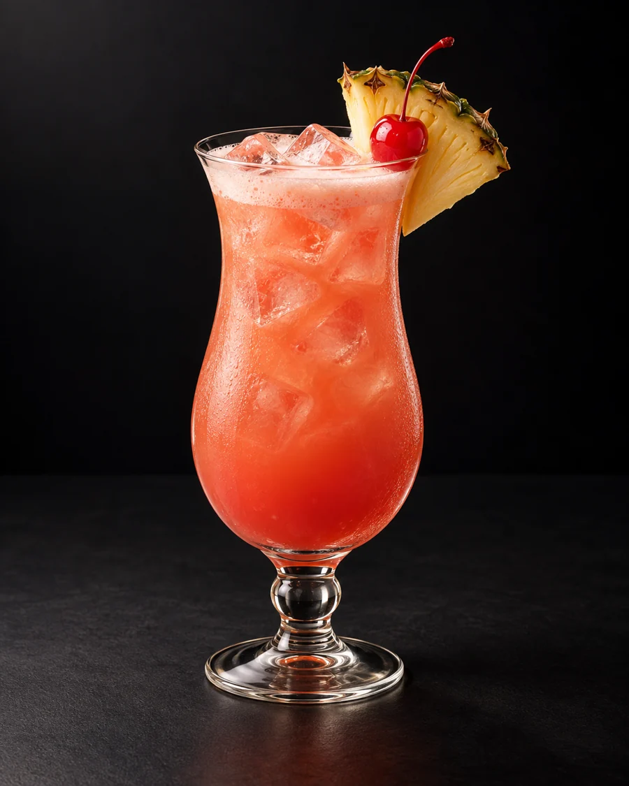 singapore Sling served in a hurricane glass with a pineapple slice and cocktail cherry