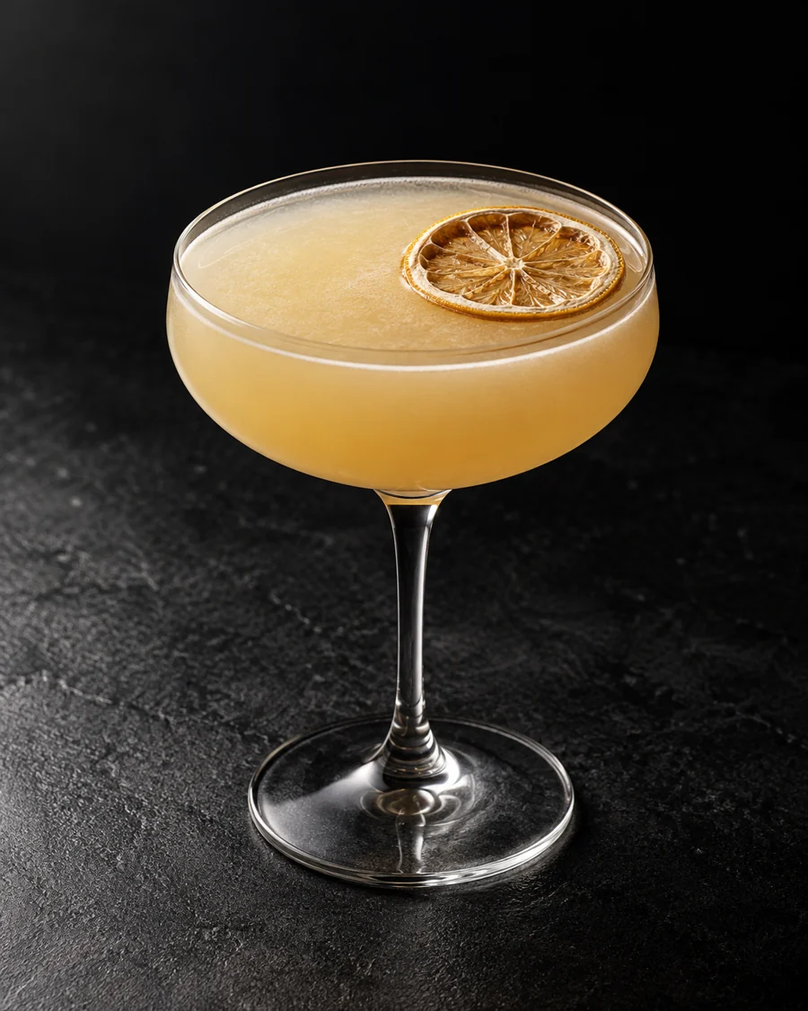 Cloudy pale golden Sleeping In in a coupe with dried lemon wheel, no ice.