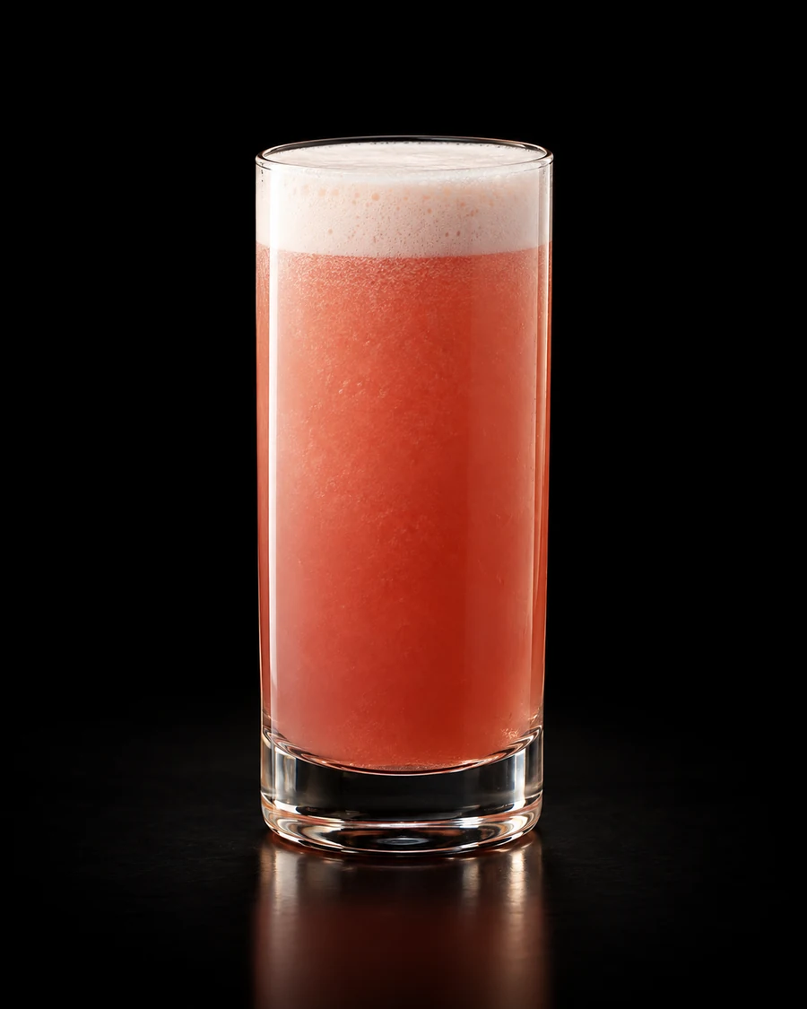 Sloe Gin Fizz in a Collins glass, with a pink-red body, pale egg foam cap and no ice or visible garnish, against a black background.