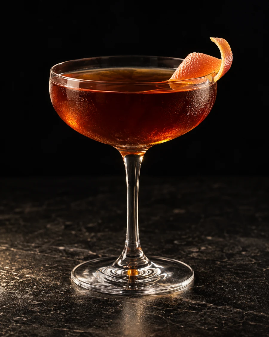 Slowly Goes The Night: Deep amber-brown drink in a coupe, grapefruit twist and no serving ice.