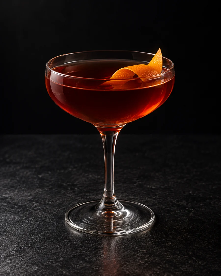 clear deep red-brown Smoke and Mirrors in a coupe with ordinary orange twist, no ice.