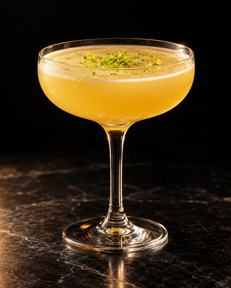 Something Tasty. Coupe without serving ice, golden pineapple-citrus drink with fine shaken froth and grated lime zest.