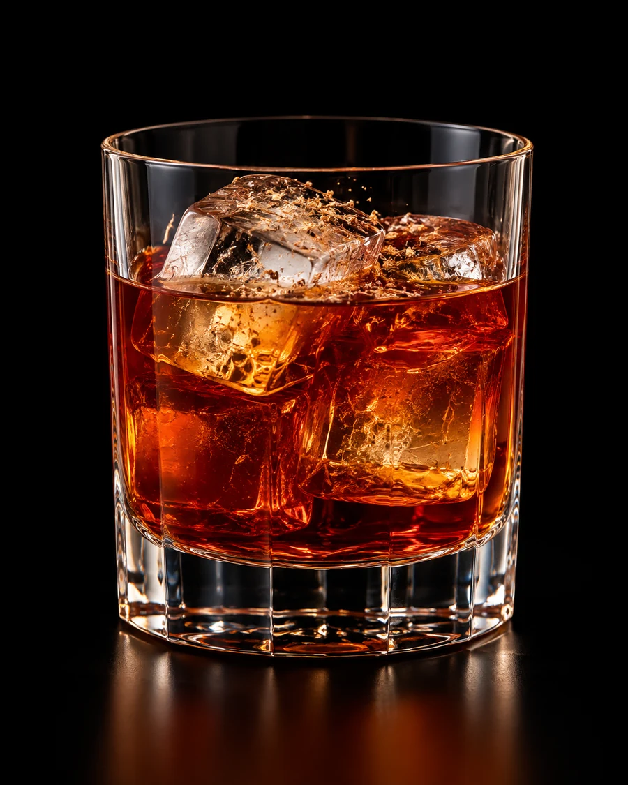 Son Of Santa: Reddish-amber cocktail over clear ice cubes in a rocks glass with grated nutmeg on top against a black background.