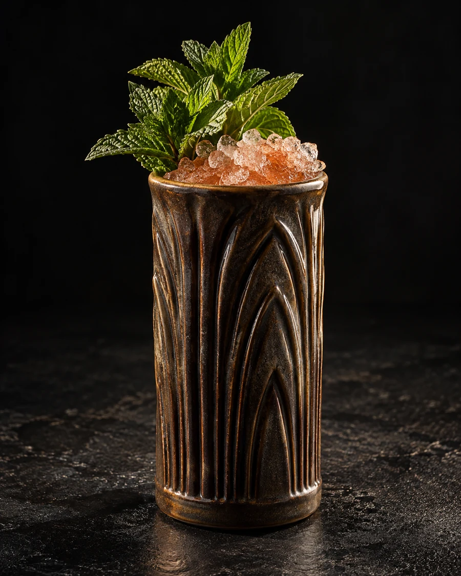 Song Of The Siren in a mug, over crushed ice, with mint sprigs, against a black background.