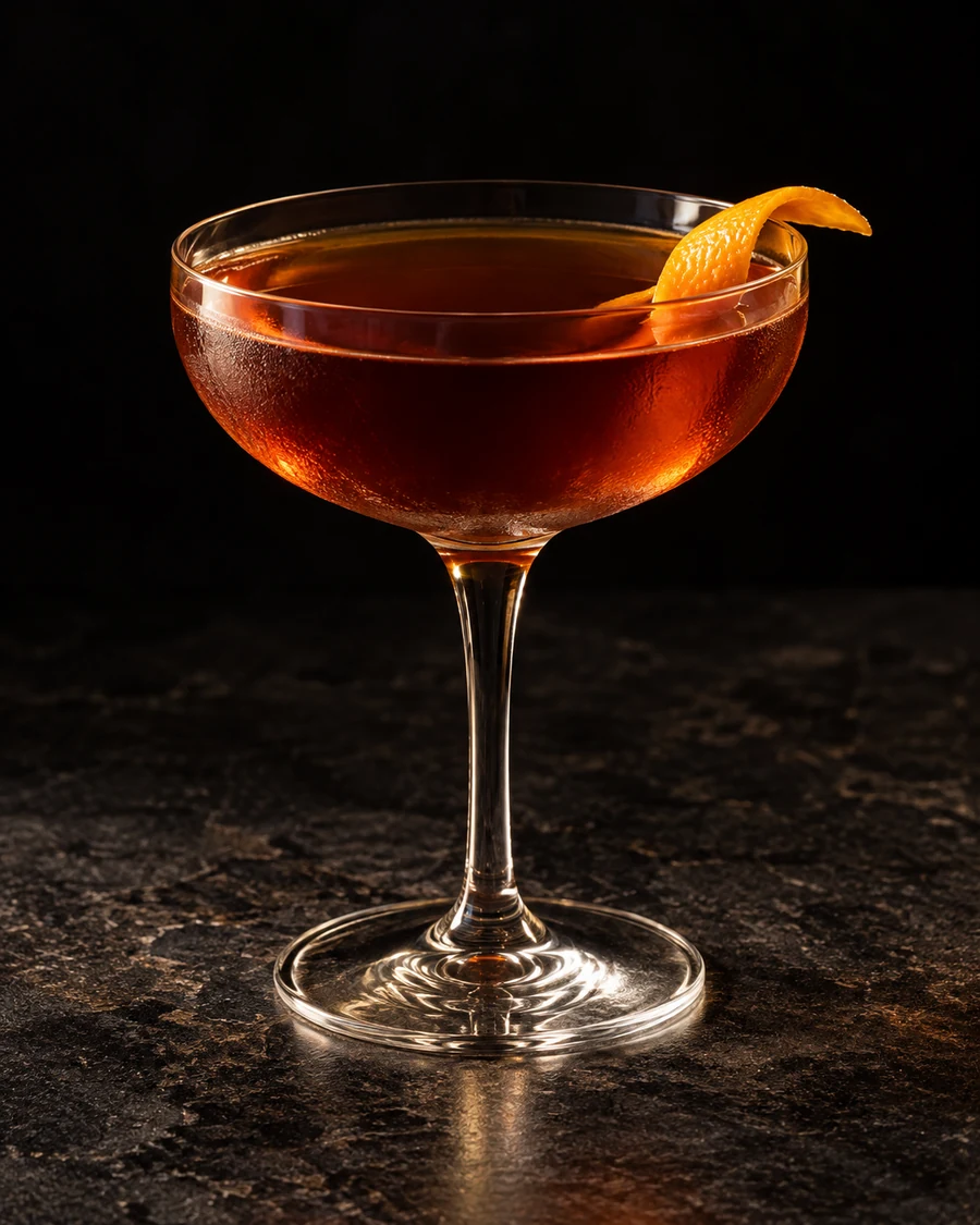 Songs My Mother Taught Me: Deep amber-brown drink in coupe, orange twist and no ice.