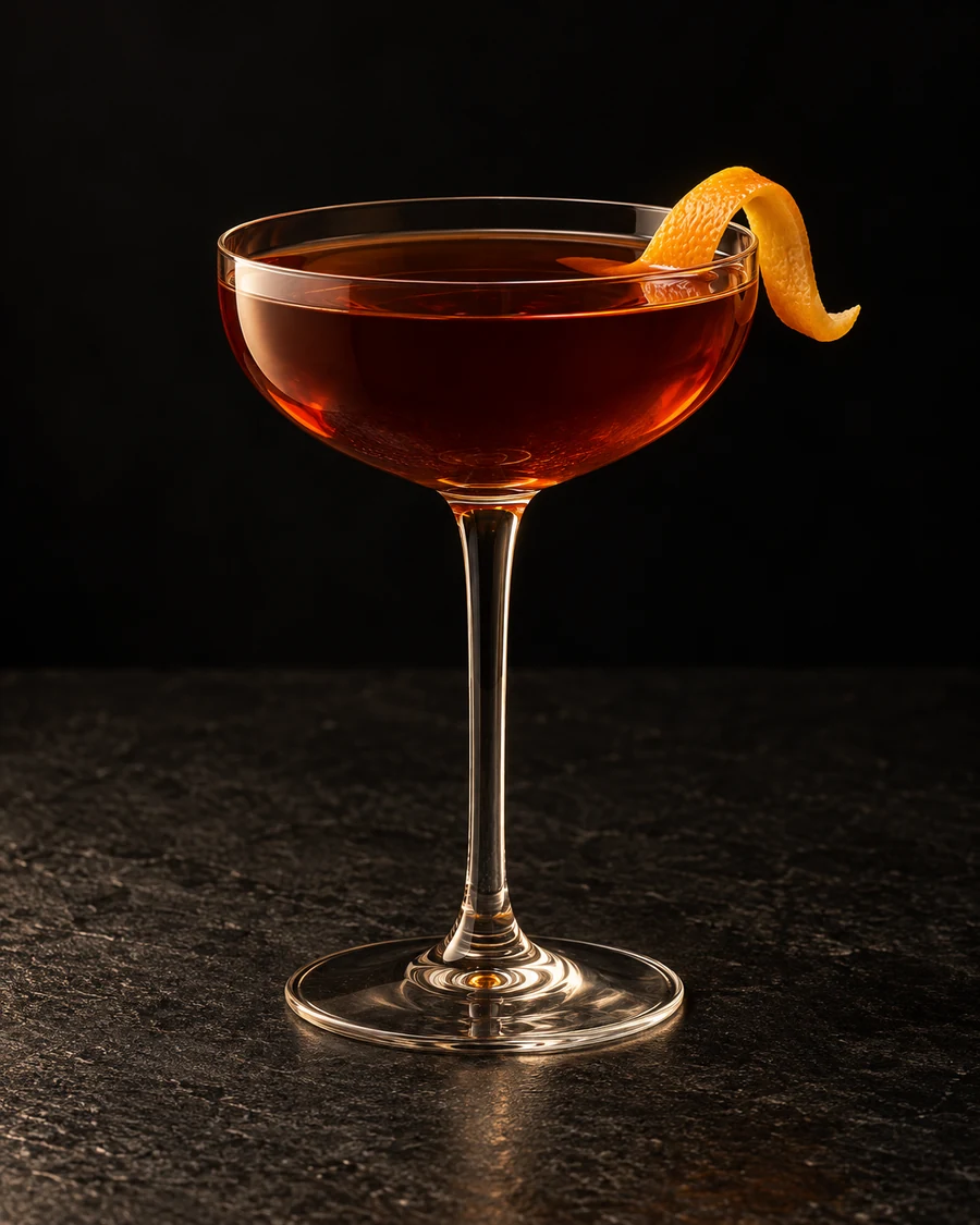 Soul Wandering in a chilled coupe, served without ice, with orange twist, against a black background.