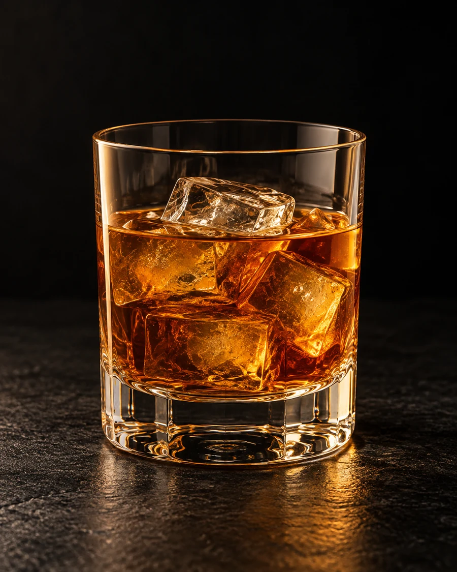 Souls Of The Mountain in a rocks glass, over fresh ice cubes, with no garnish, against a black background.