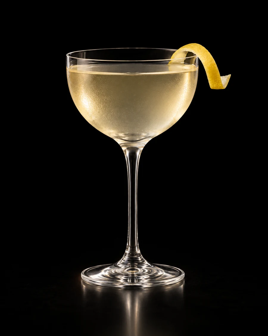 Soviet in a nick-and-nora, serve without ice, with lemon twist, against a black background.