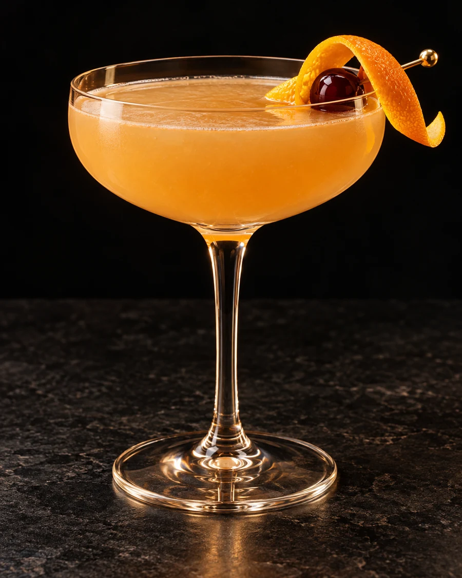 Spencer in a coupe glass, without ice, garnished with cocktail cherry and orange peel, against a black background.
