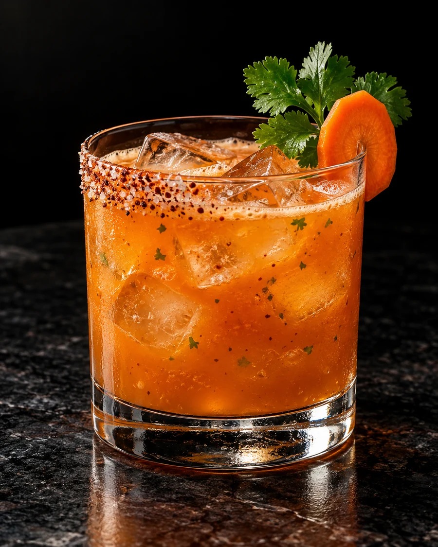 Spicy Carrot Cilantro Margarita. Rocks glass, fresh cubed ice, opaque orange carrot body with cilantro flecks, carrot slice, cilantro sprig and cayenne-salt half-rim.