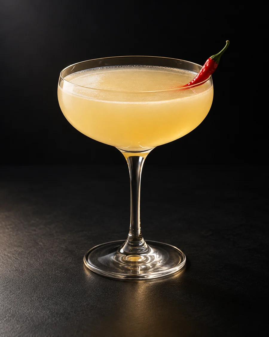 spicy Fifty served in a coupe glass with a small mild red chili