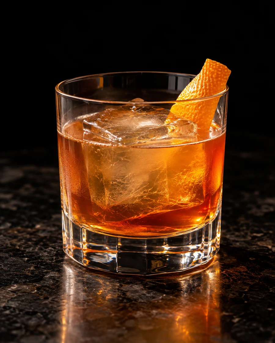 Split Decision. Rocks glass with a single large ice cube, clear amber spirit-forward body and orange peel.