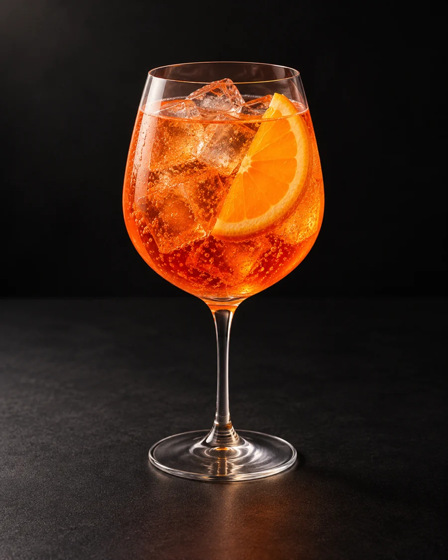 Spritz served in a wine glass with an orange slice against a black background.