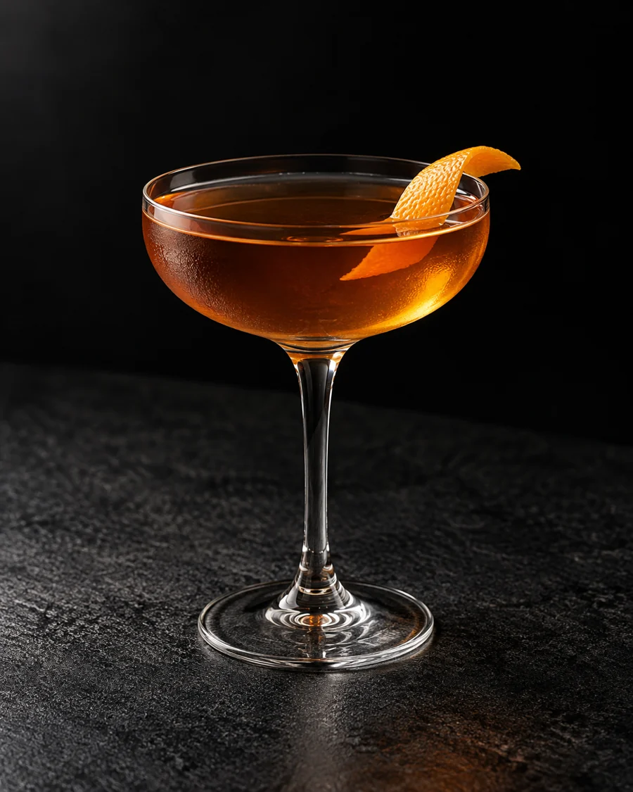 Clear amber cocktail in a coupe without ice, orange peel garnish.