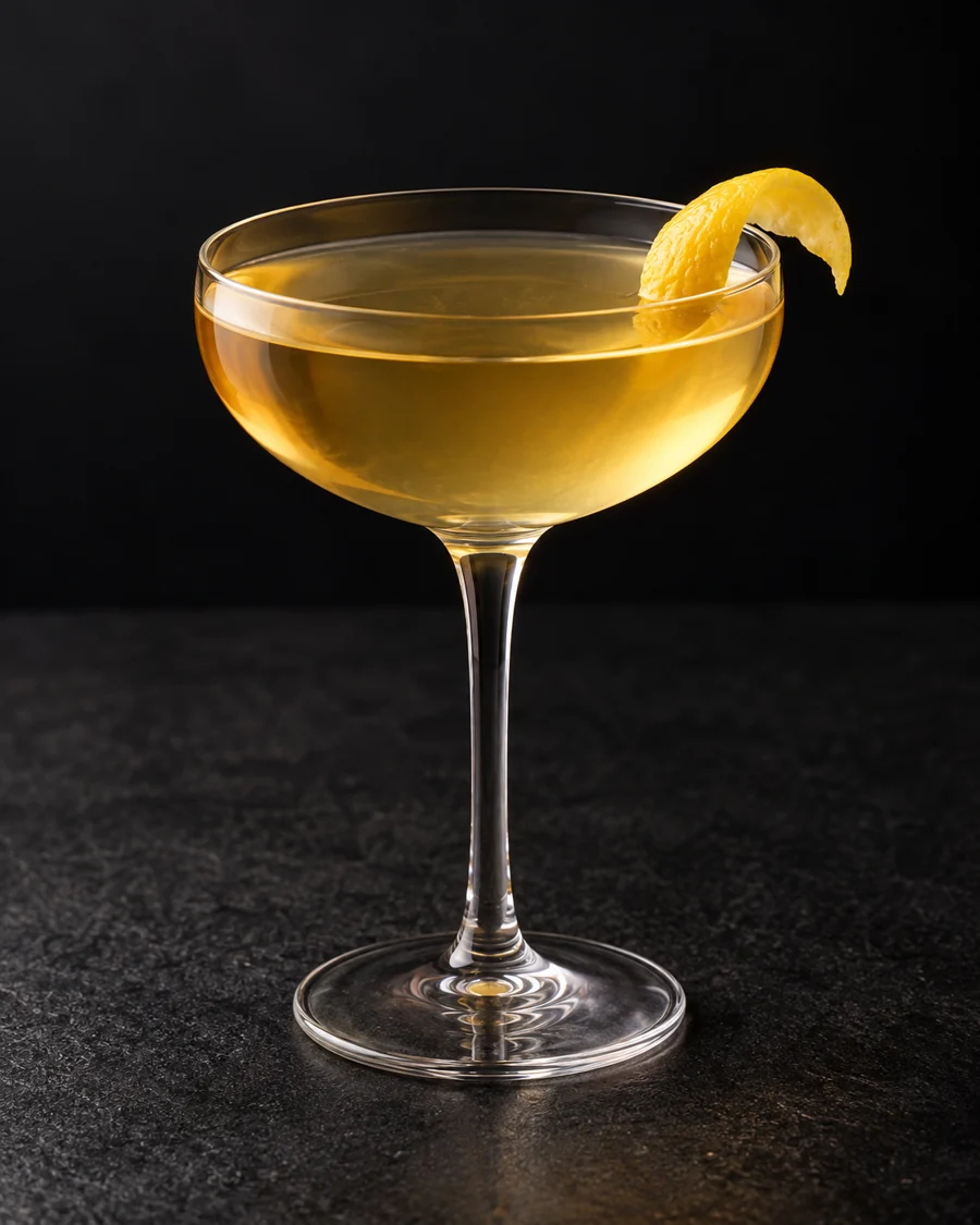 clear pale golden Stargazer in a coupe with lemon twist, no ice.