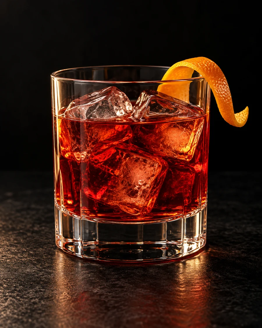Stepwise Improvement in a rocks glass, over fresh ice cubes, with orange twist, against a black background.