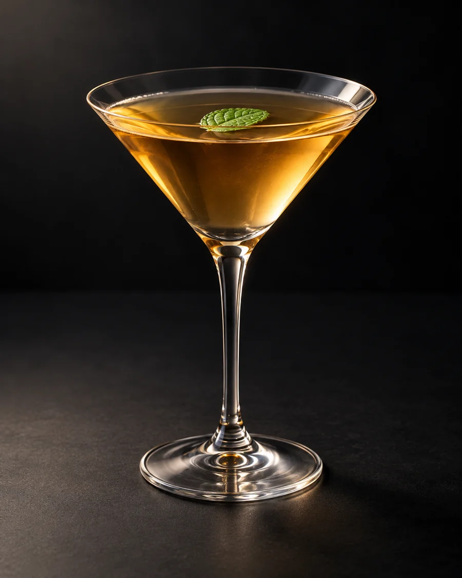 stinger served in a martini glass with a mint leaf