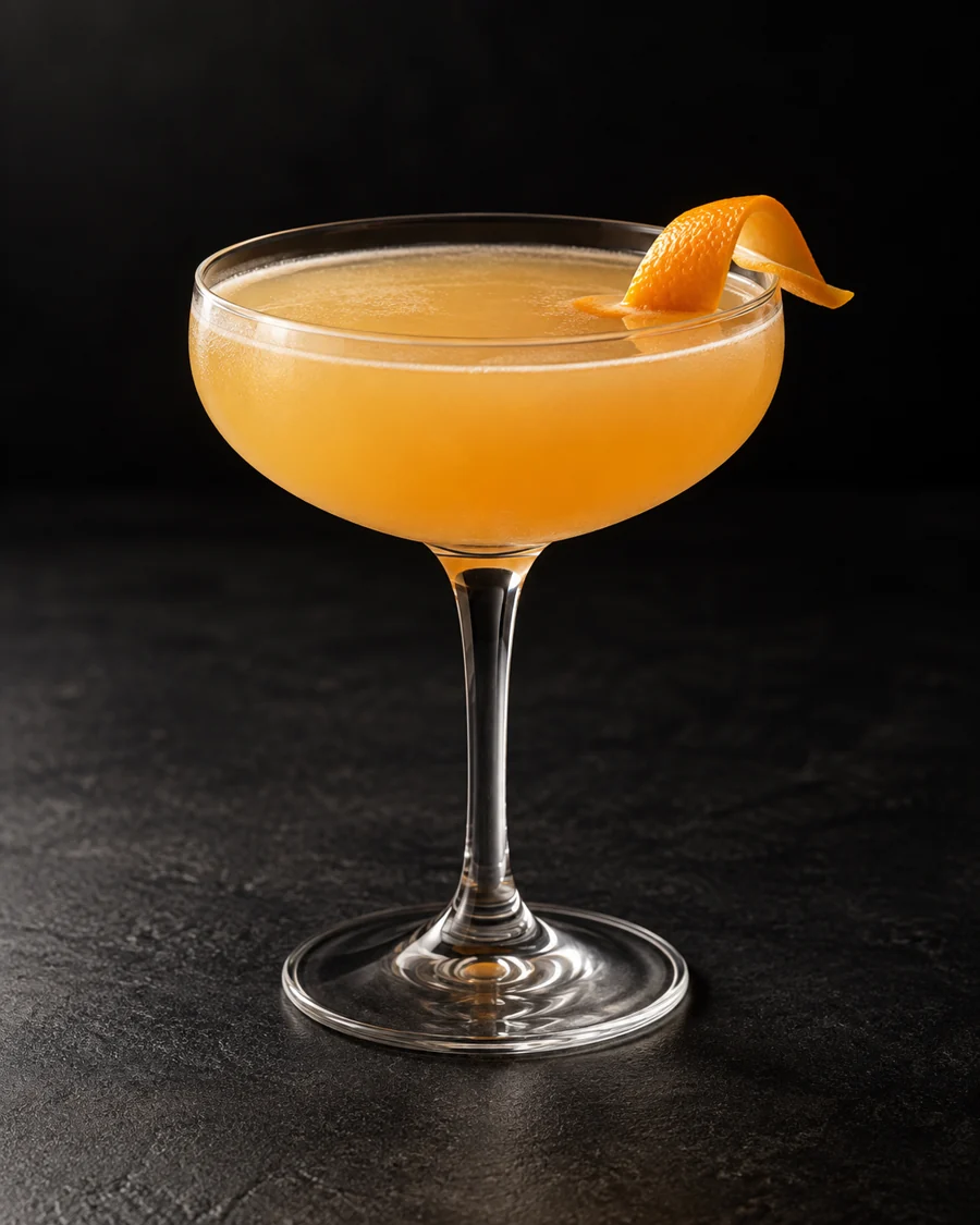 cloudy pale orange Stork Club in a coupe with orange twist, no ice.