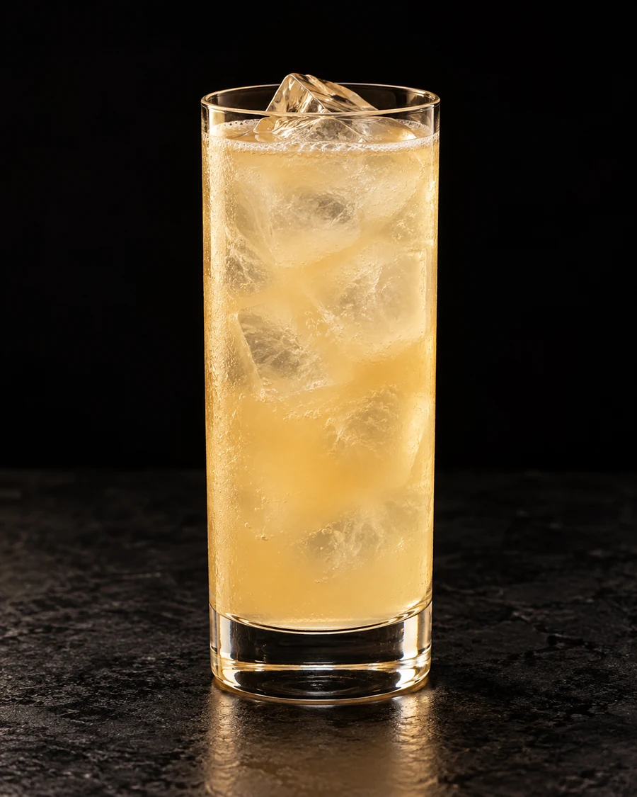 Straits Sling in a Collins glass, with ice cubes, ungarnished, against a black background.