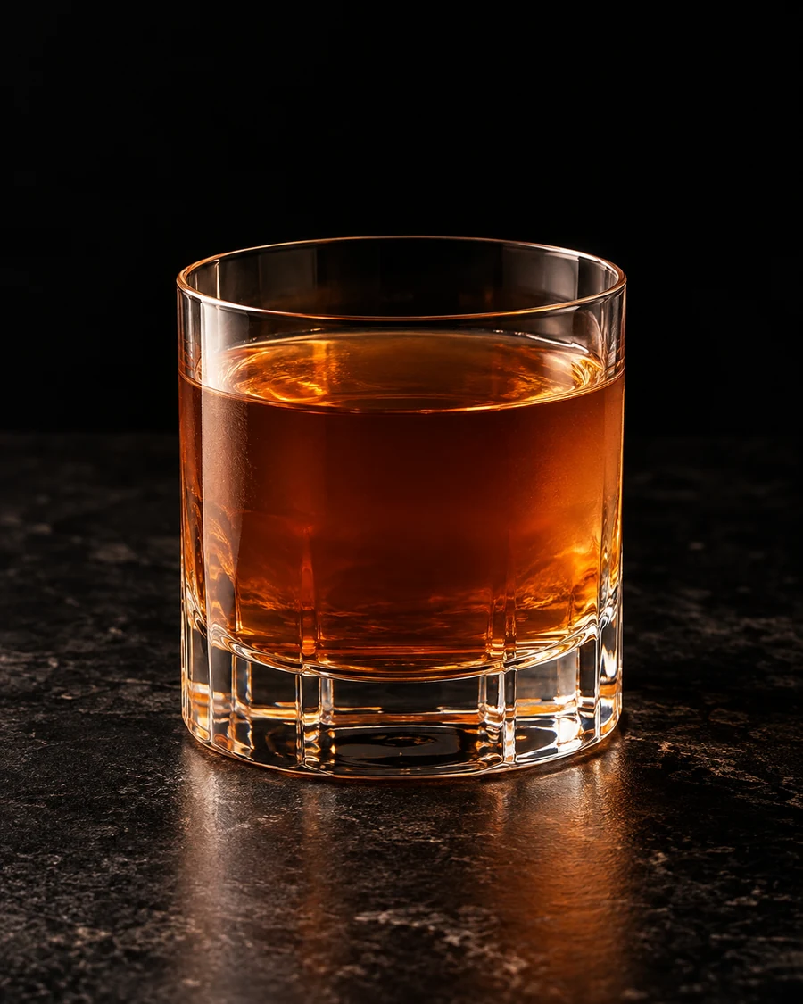 Stranger Than Kindness: Deep amber drink in a rocks glass, no serving ice and no garnish.
