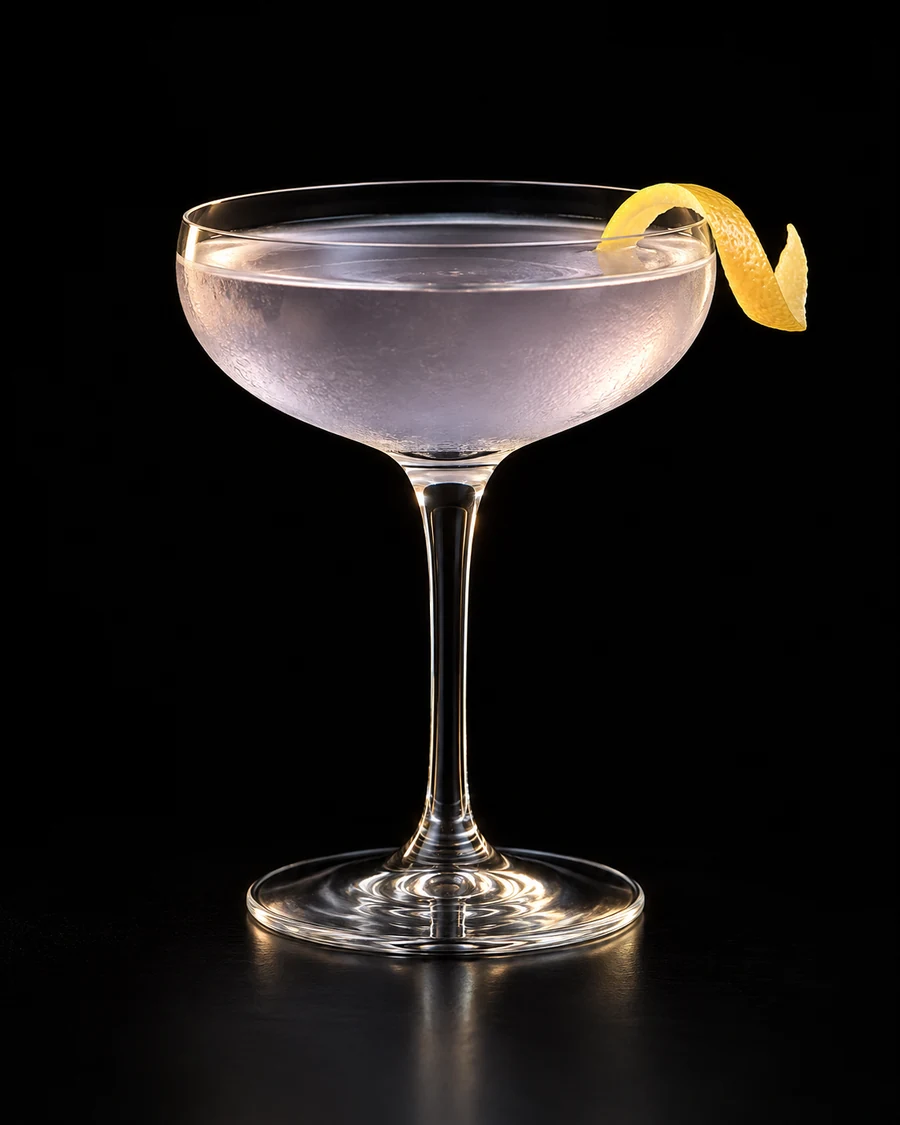 Strasbourg in a coupe, serve without ice, with lemon peel, against a black background.