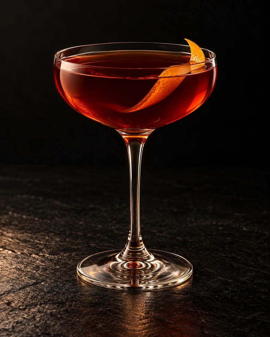 Street Of Crocodiles in a chilled coupe, served without ice, with orange twist, against a black background.