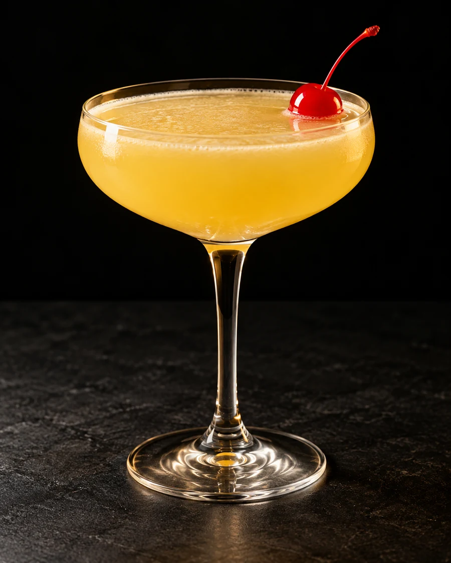Strega Daiquiri in a coupe, served without ice, garnished with maraschino cherry, against a black background.