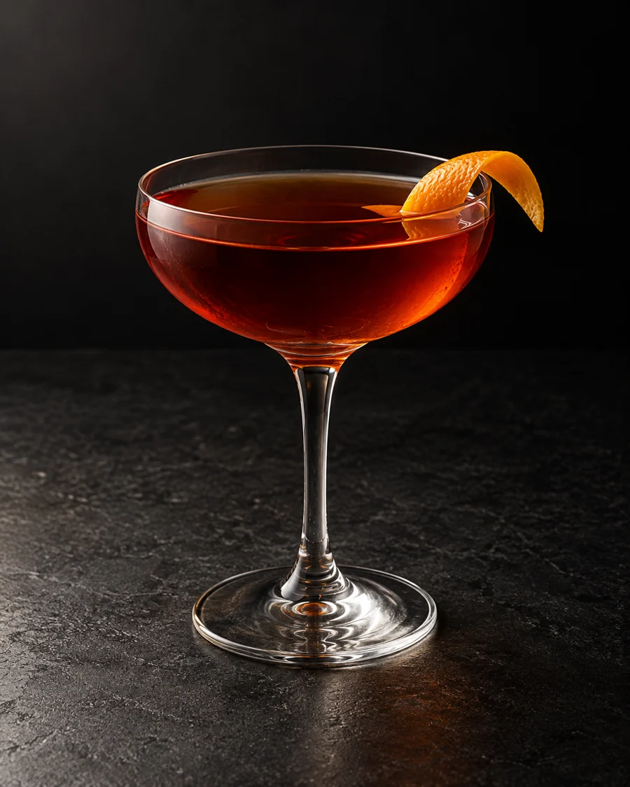 clear dark amber-red Suburban in a coupe with orange twist, no ice.