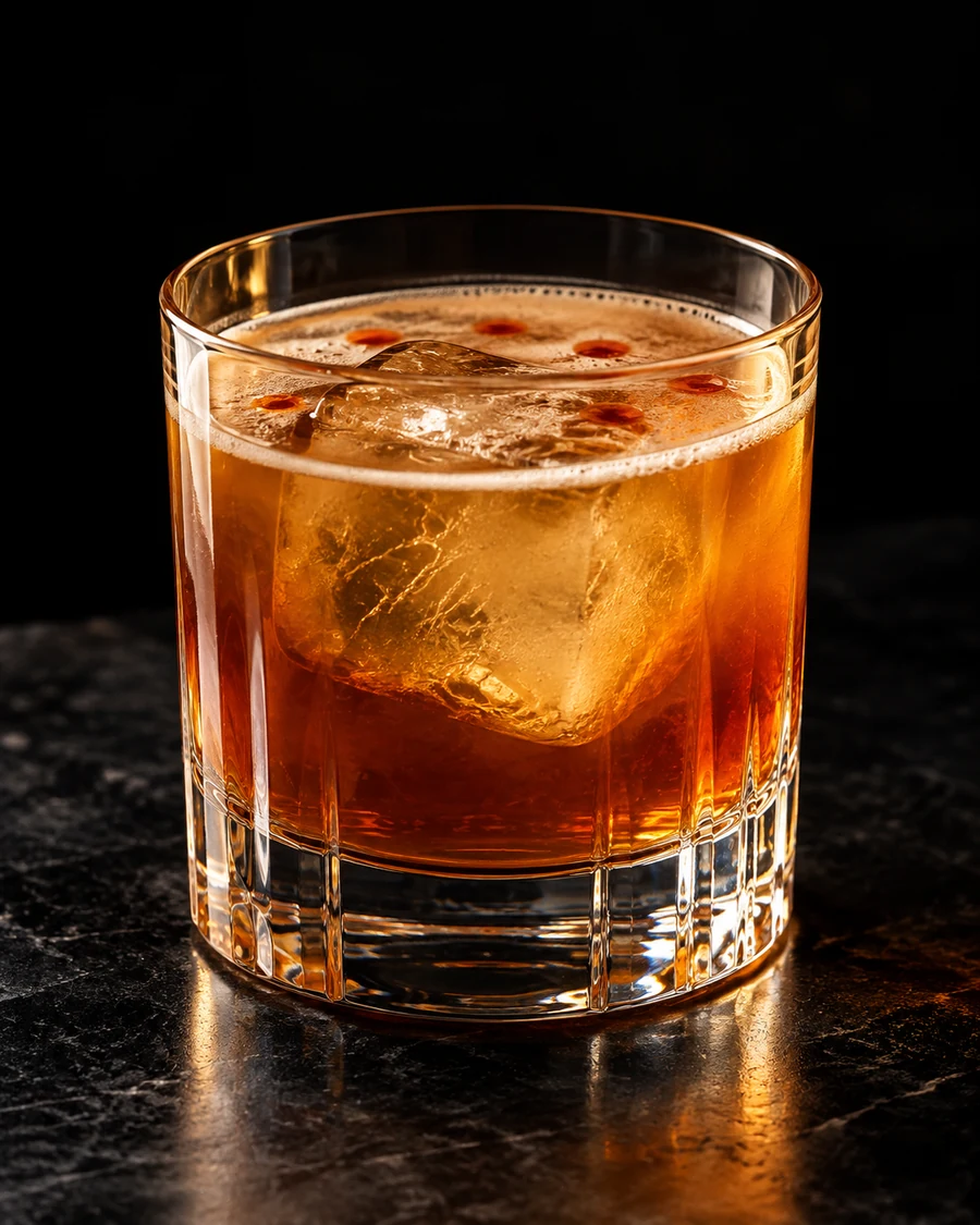 Sunset Halo. Rocks glass with an amber rye-orgeat drink, one large clear ice cube and aromatic bitters dotted across a thin natural froth.