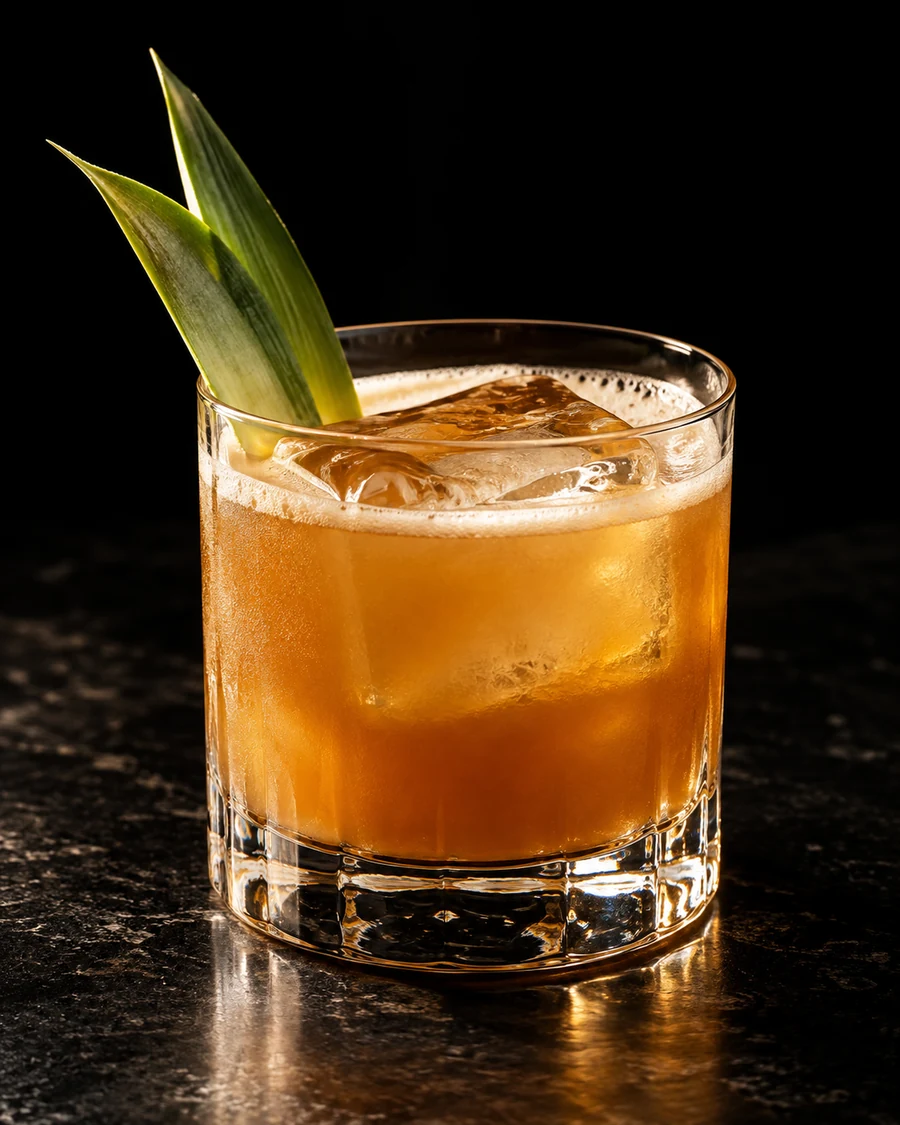 Surfer on Shrooms. Rocks glass with a cloudy golden pineapple-herbal drink, one large ice cube, thin natural froth and a pineapple frond.