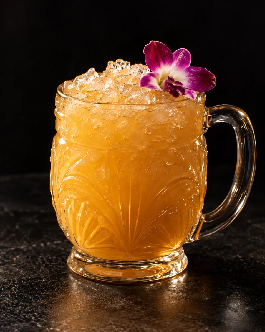 Swedish Paralysis: Golden-orange cocktail in a handled glass mug with crushed ice and a purple edible flower.
