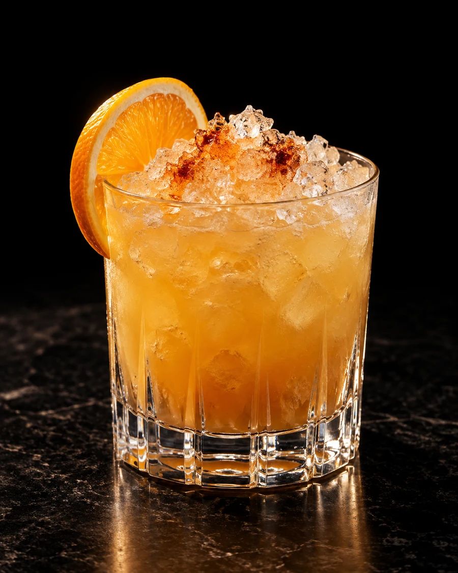 Sweetest Kill. Rocks glass with crushed ice, golden citrus body, Angostura bitters on the ice surface and orange wheel.