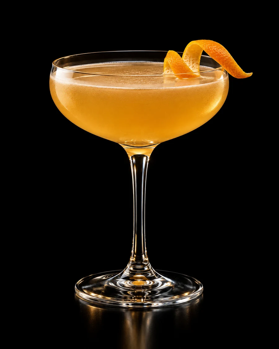 Tainted Love: Hazy apricot-gold cocktail in a coupe with a curled orange twist, served without ice against a black background.