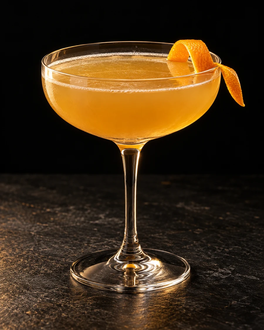 Tango in a coupe, served without ice, garnished with orange twist, against a black background.
