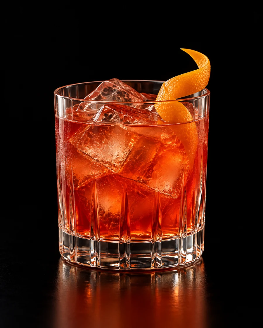 Tarzan Boy: Coral-red cocktail over clear ice cubes in a rocks glass with a tall orange twist against a black background.