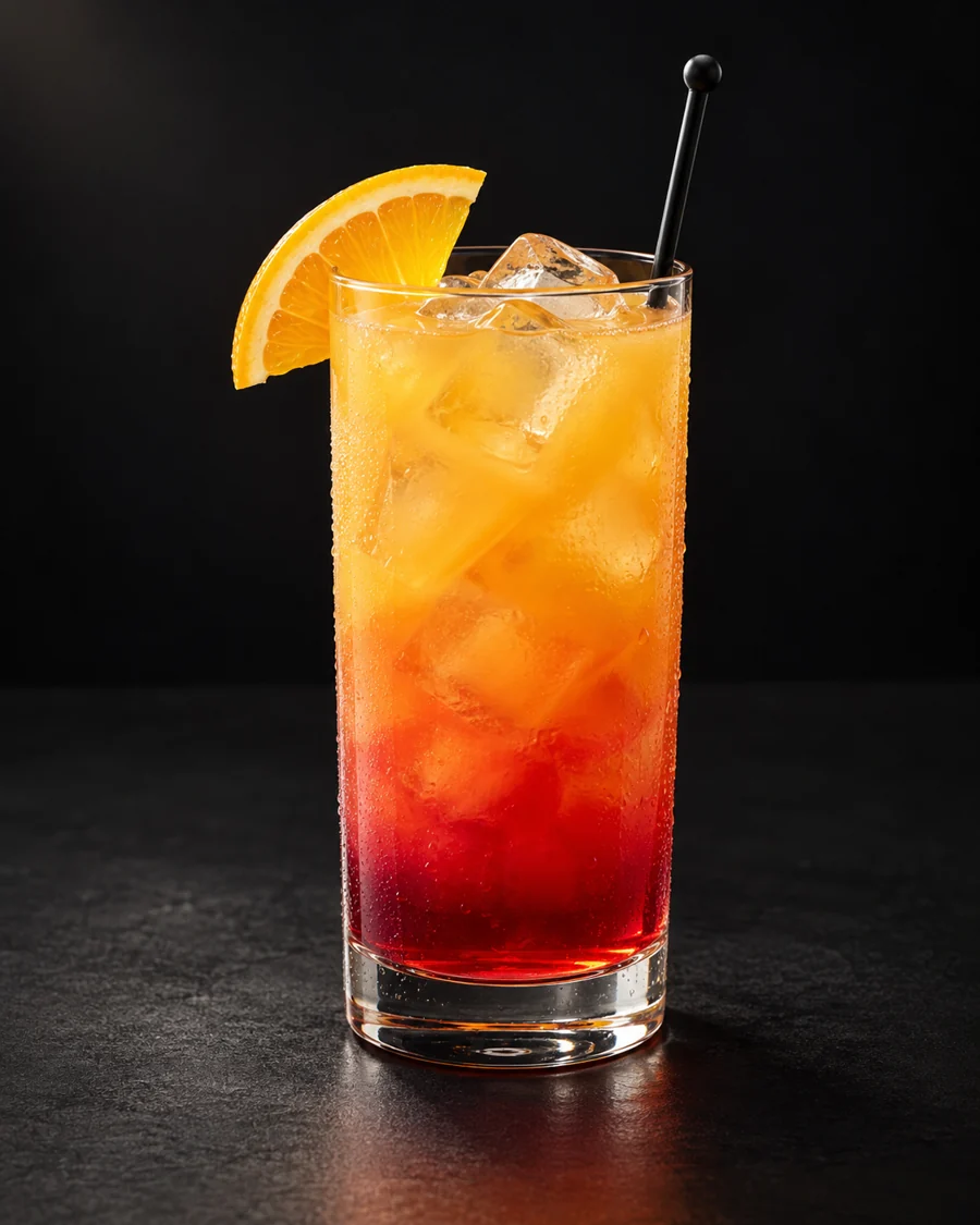 Tequila Sunrise served in a highball glass with an orange slice against a black background.