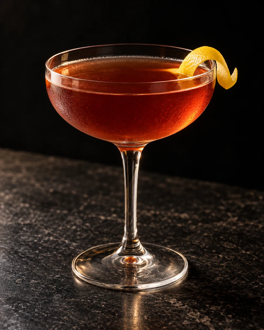 Texas Cakewalk: Reddish-amber cocktail in a chilled coupe without ice, with a lemon twist.