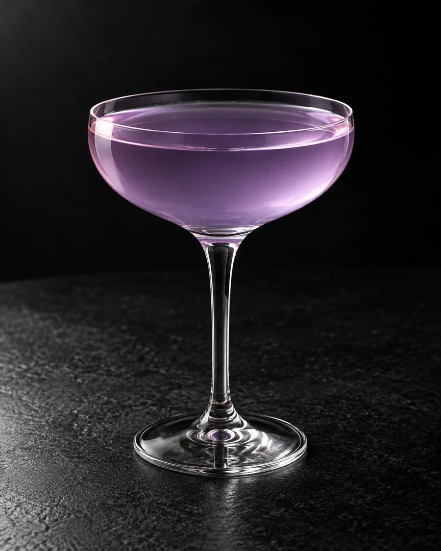 Clear pale violet Artist cocktail in a coupe without ice or garnish.