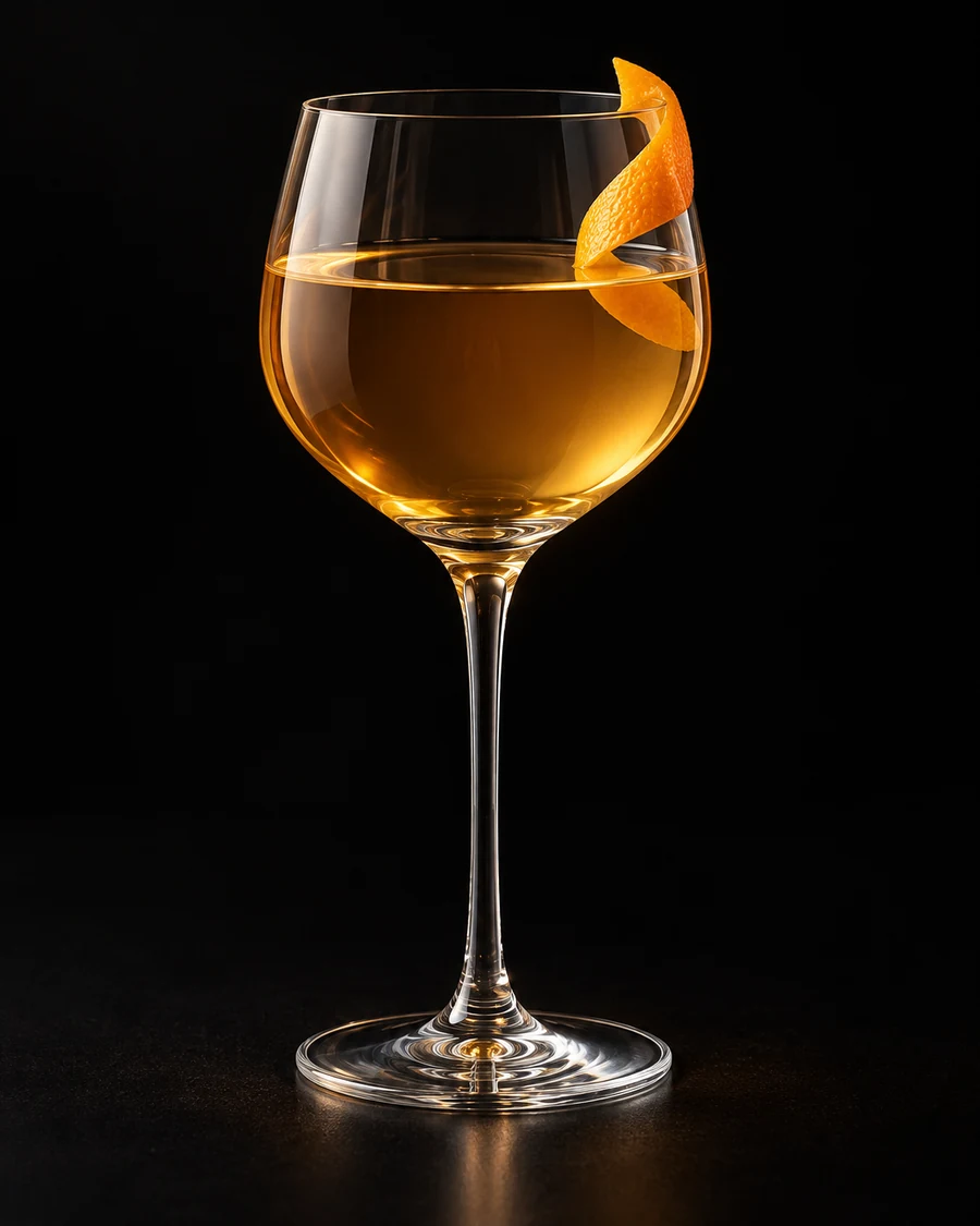 The Bairn in a wine, serve without ice, with Orange Twist, against a black background.