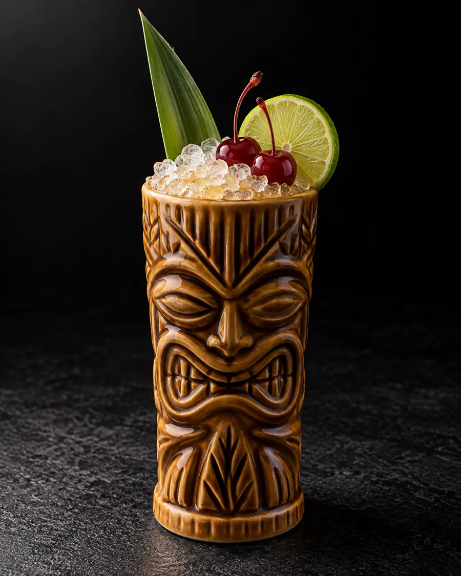 Opaque tropical Beachbum served in a ceramic tiki-style mug with crushed ice, one pineapple leaf, two cherries and a lime wheel.
