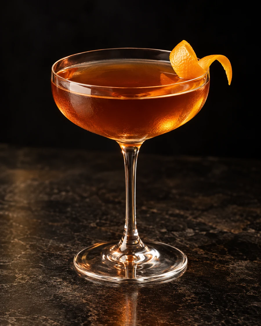 The Bedford Nest: Clear amber cocktail in a chilled coupe, served without ice and finished with an orange twist.