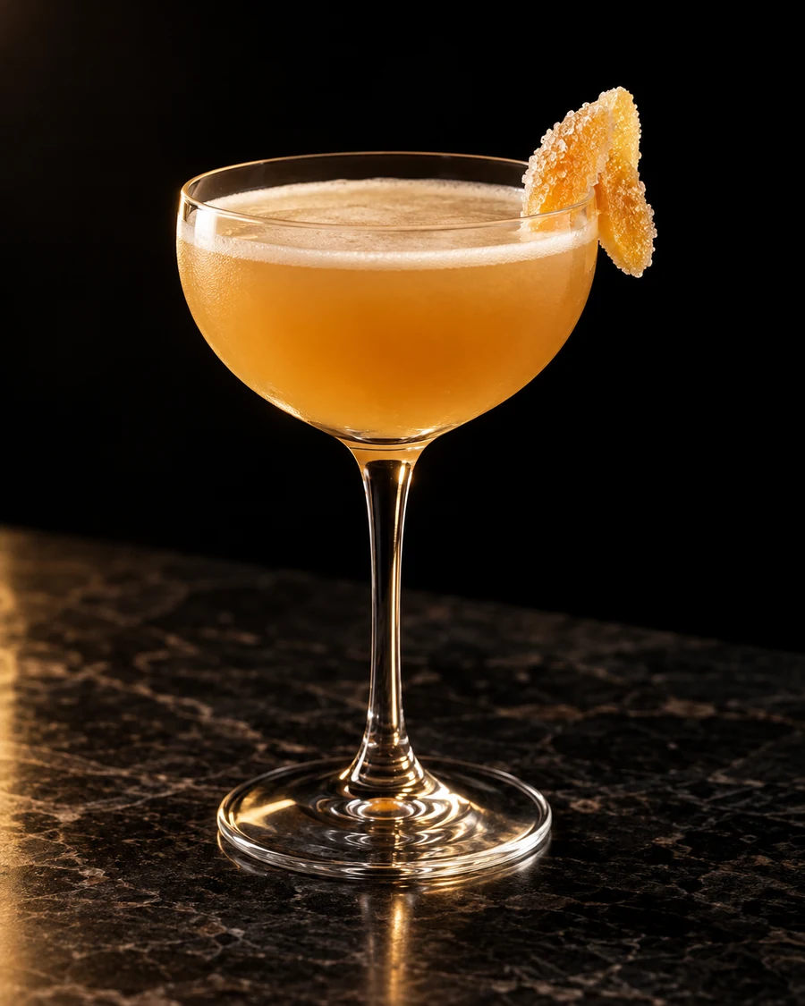 The Best Medicine. Nick and Nora glass with a golden ginger-whiskey drink, thin natural froth, no ice and candied ginger on the rim.