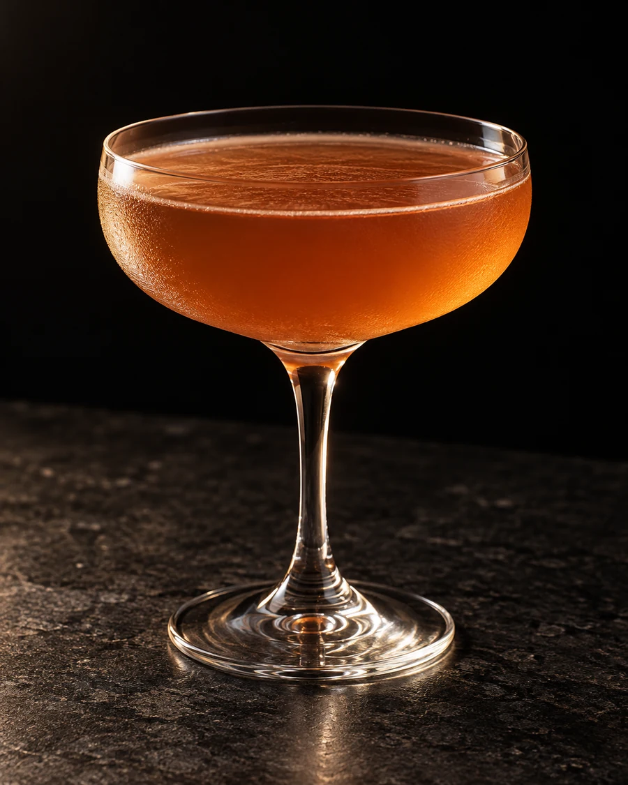 The Blind Hen: lightly cloudy copper-amber cocktail in a chilled stemmed coupe, served without ice and without garnish.